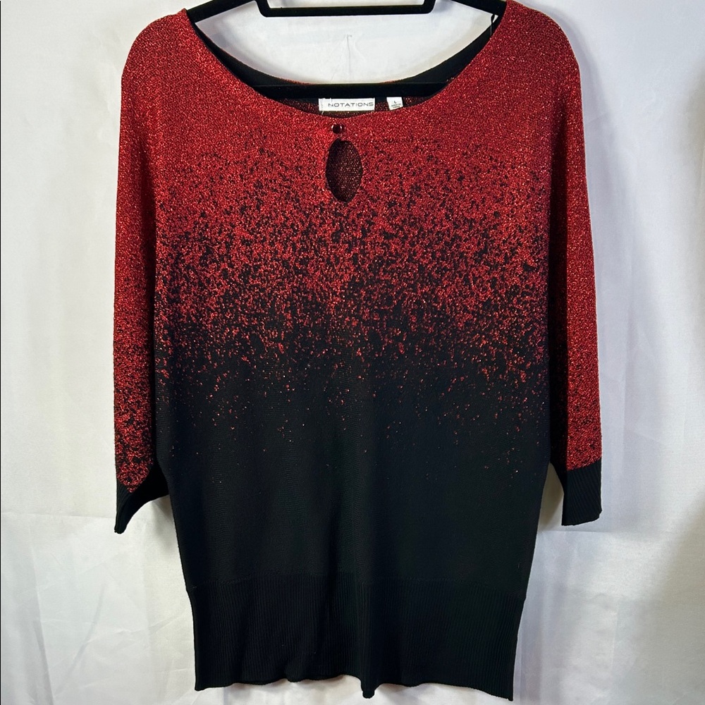 Notations Large Black and Red short sleeve sparkle Knit Top Keyhole Front